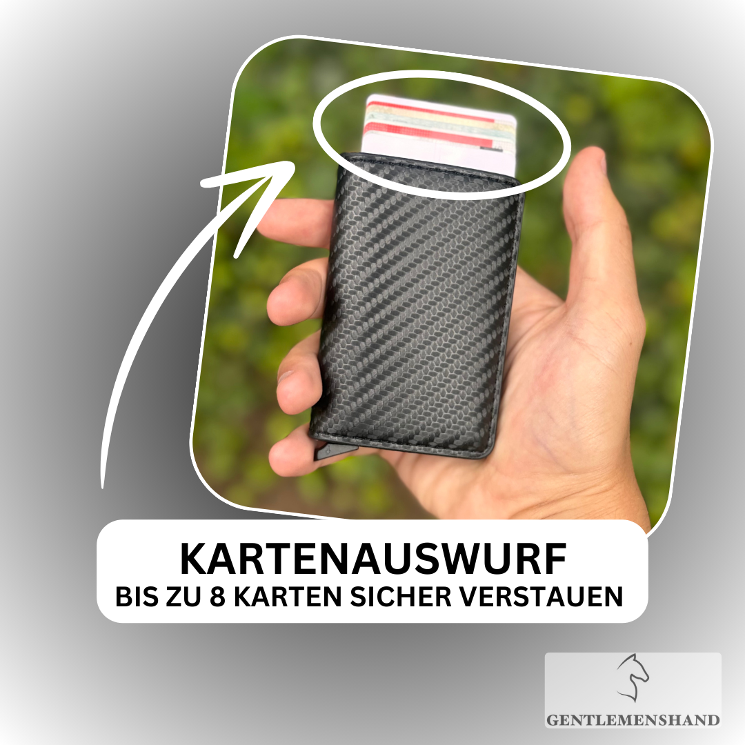 RFID-Blocking Pop-Up Card Wallet cards fanned in hand