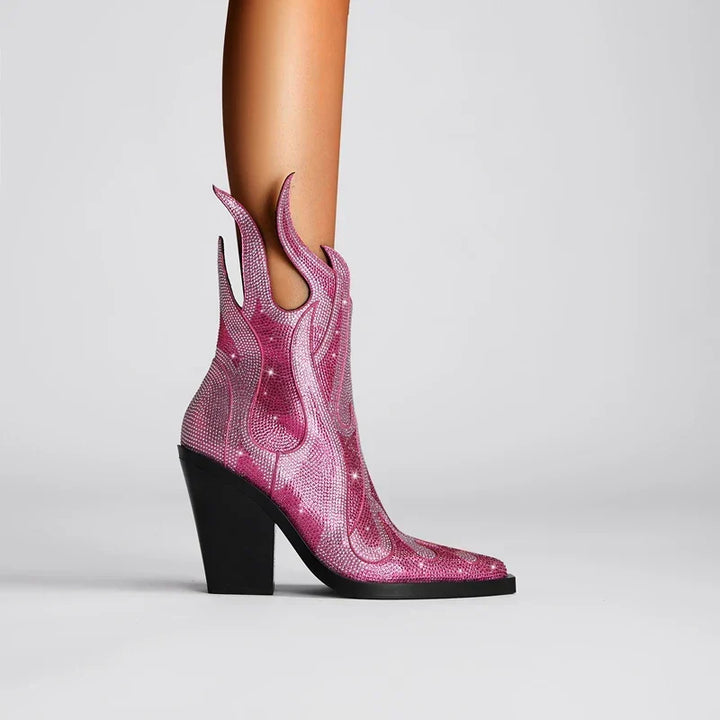 Pink Rhinestone Western Ankle Boots side profile