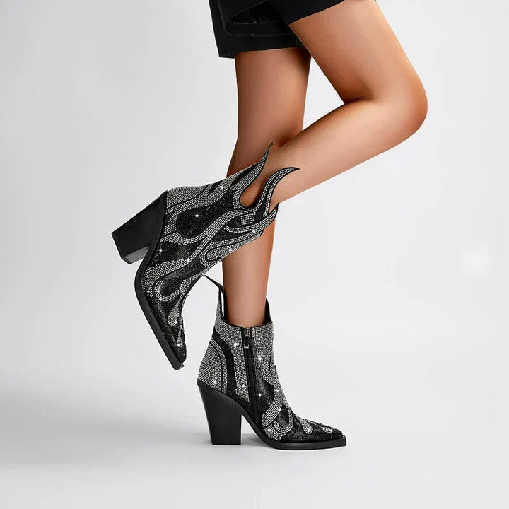 Rhinestone Western Ankle Boots block heel detail