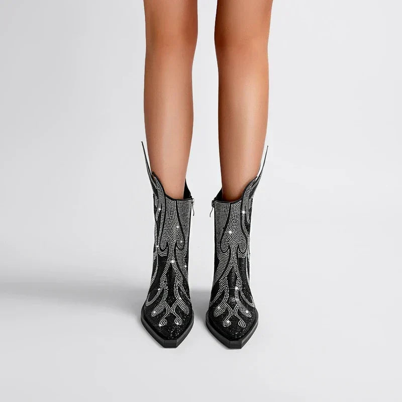 Green Rhinestone Western Ankle Boots side profile