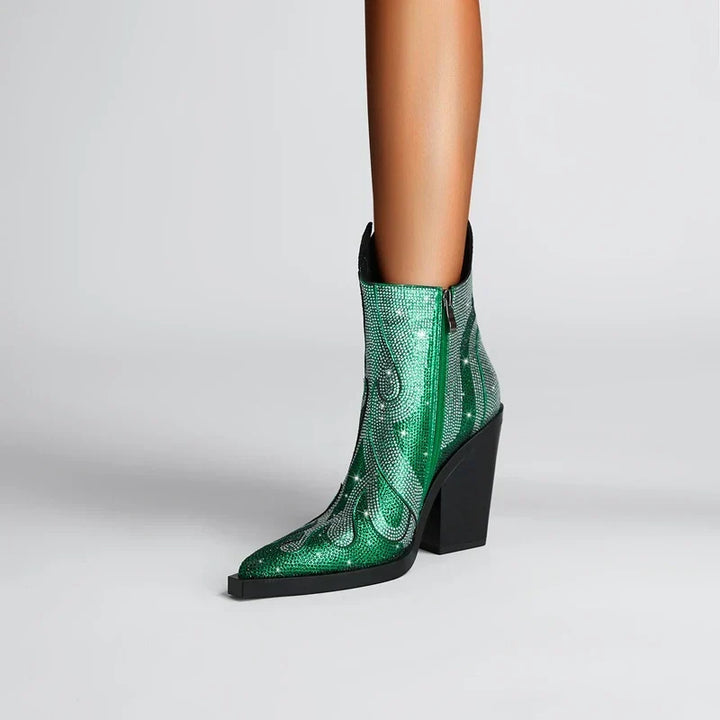 Rhinestone Western Ankle Boots pointed toe detail