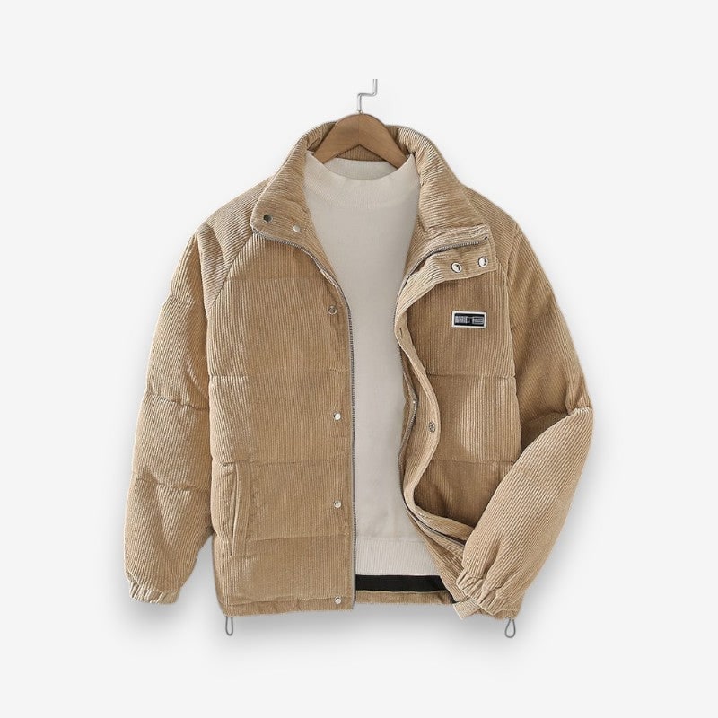 Khaki Ribbed Corduroy Puffer Jacket front view