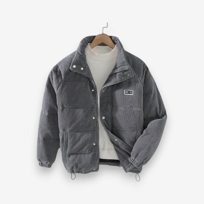 Gray Ribbed Corduroy Puffer Jacket front view