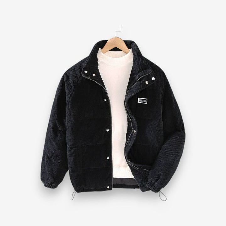 Black Ribbed Corduroy Puffer Jacket front view