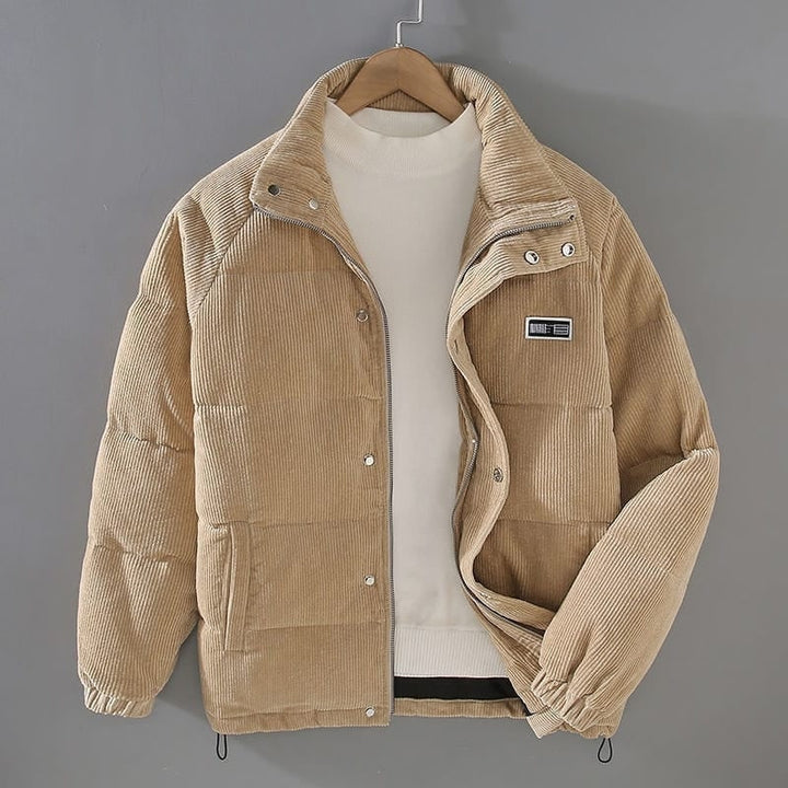Khaki Ribbed Corduroy Puffer Jacket front view on hanger