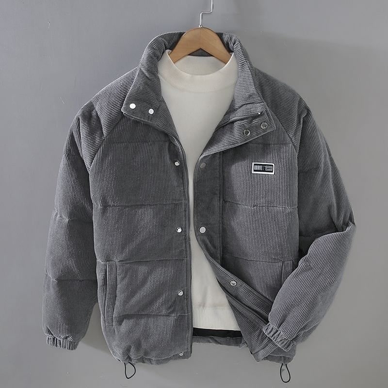 Gray Ribbed Corduroy Puffer Jacket front view on hanger