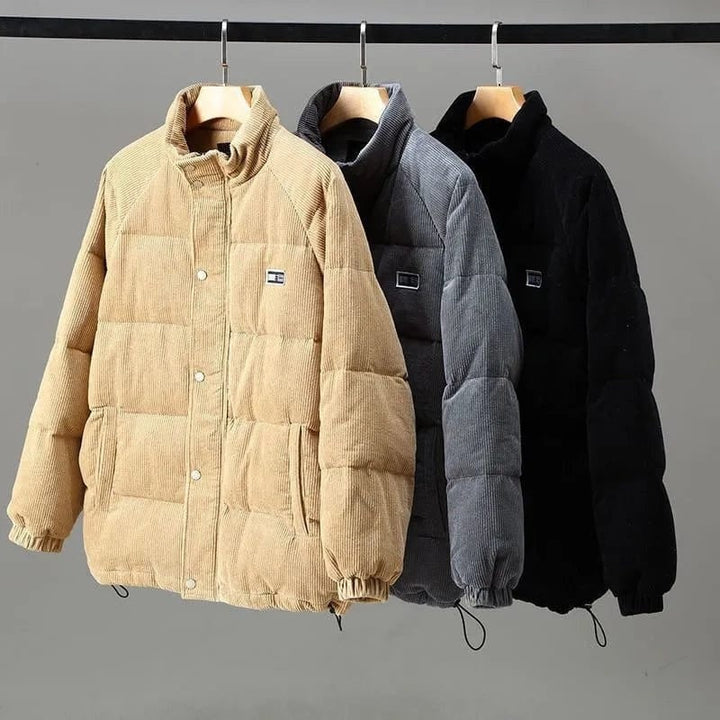 Ribbed Corduroy Puffer Jacket color range on hangers
