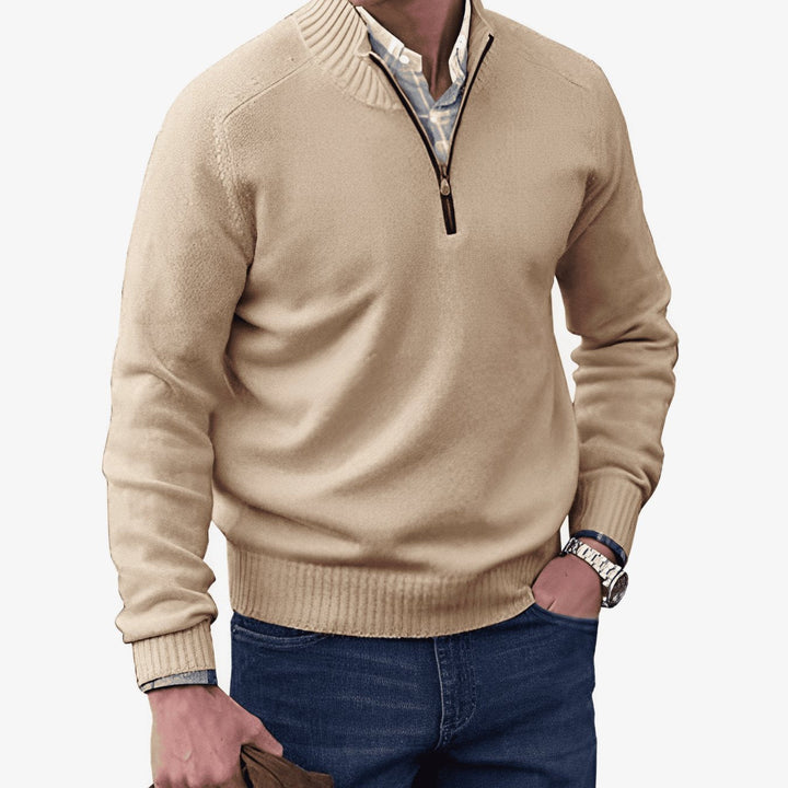 Brown Ribbed Mock-Neck Quarter Zip Sweater front view