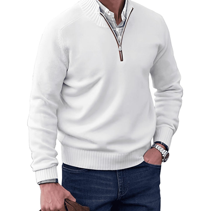White Ribbed Mock-Neck Quarter Zip Sweater front view