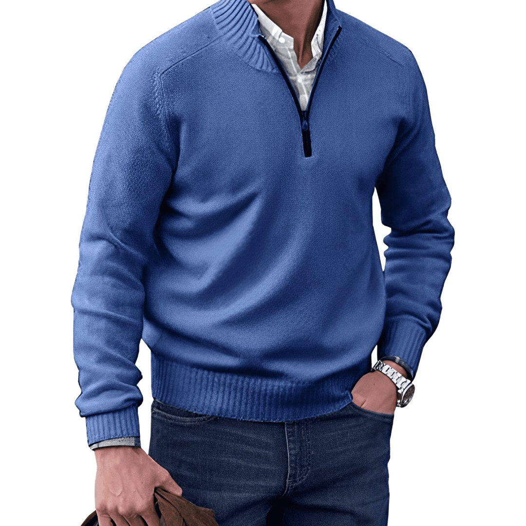 Blue Ribbed Mock-Neck Quarter Zip Sweater front view