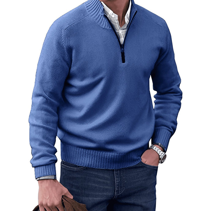 Blue Ribbed Mock-Neck Quarter Zip Sweater front view