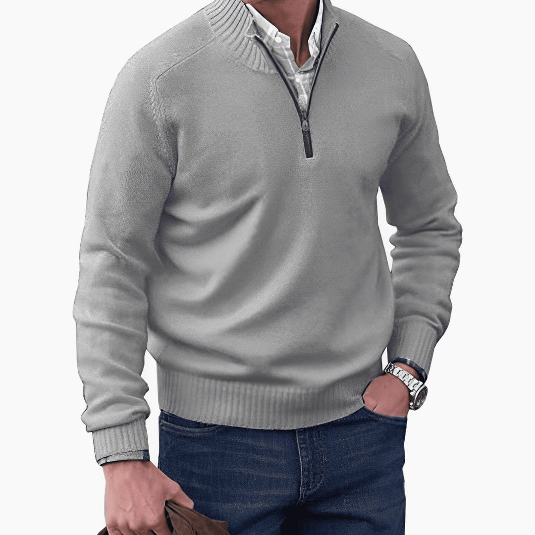Light Gray Ribbed Mock-Neck Quarter Zip Sweater front view