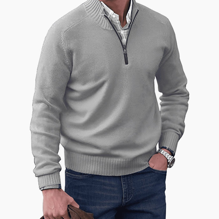 Light Gray Ribbed Mock-Neck Quarter Zip Sweater front view