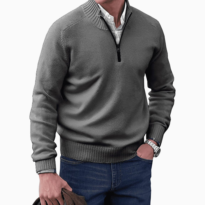 Dark Gray Ribbed Mock-Neck Quarter Zip Sweater front view