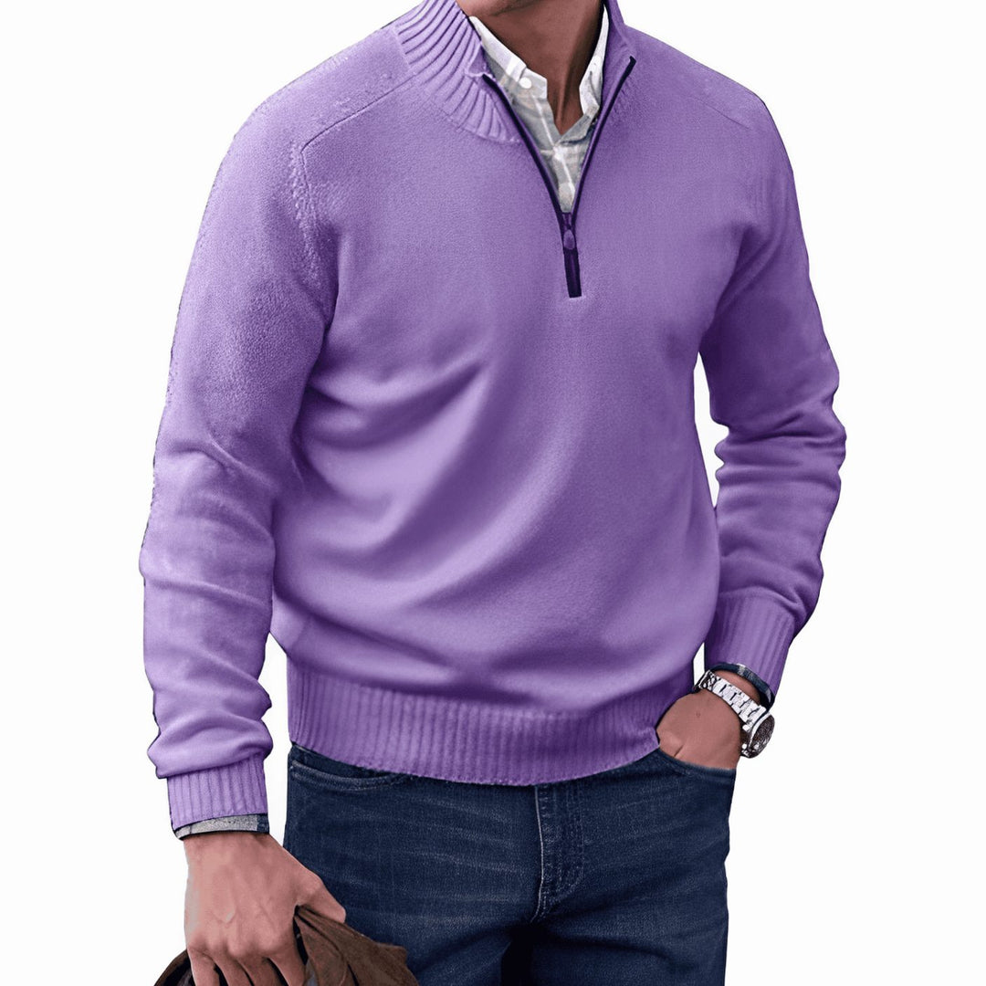 Purple Ribbed Mock-Neck Quarter Zip Sweater front view