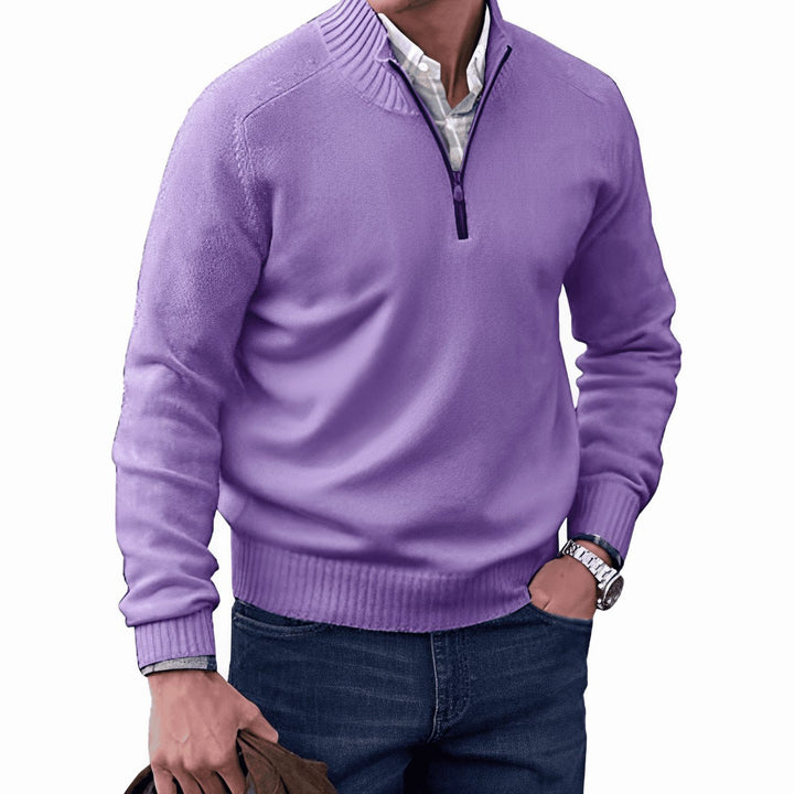 Purple Ribbed Mock-Neck Quarter Zip Sweater front view