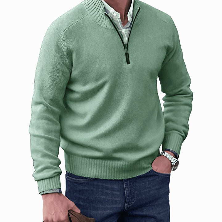 Green Ribbed Mock-Neck Quarter Zip Sweater front view