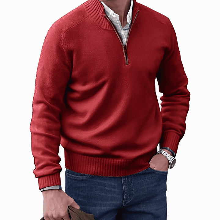 Red Ribbed Mock-Neck Quarter Zip Sweater front view