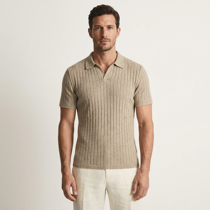 Beige Ribbed Knit Polo worn front view