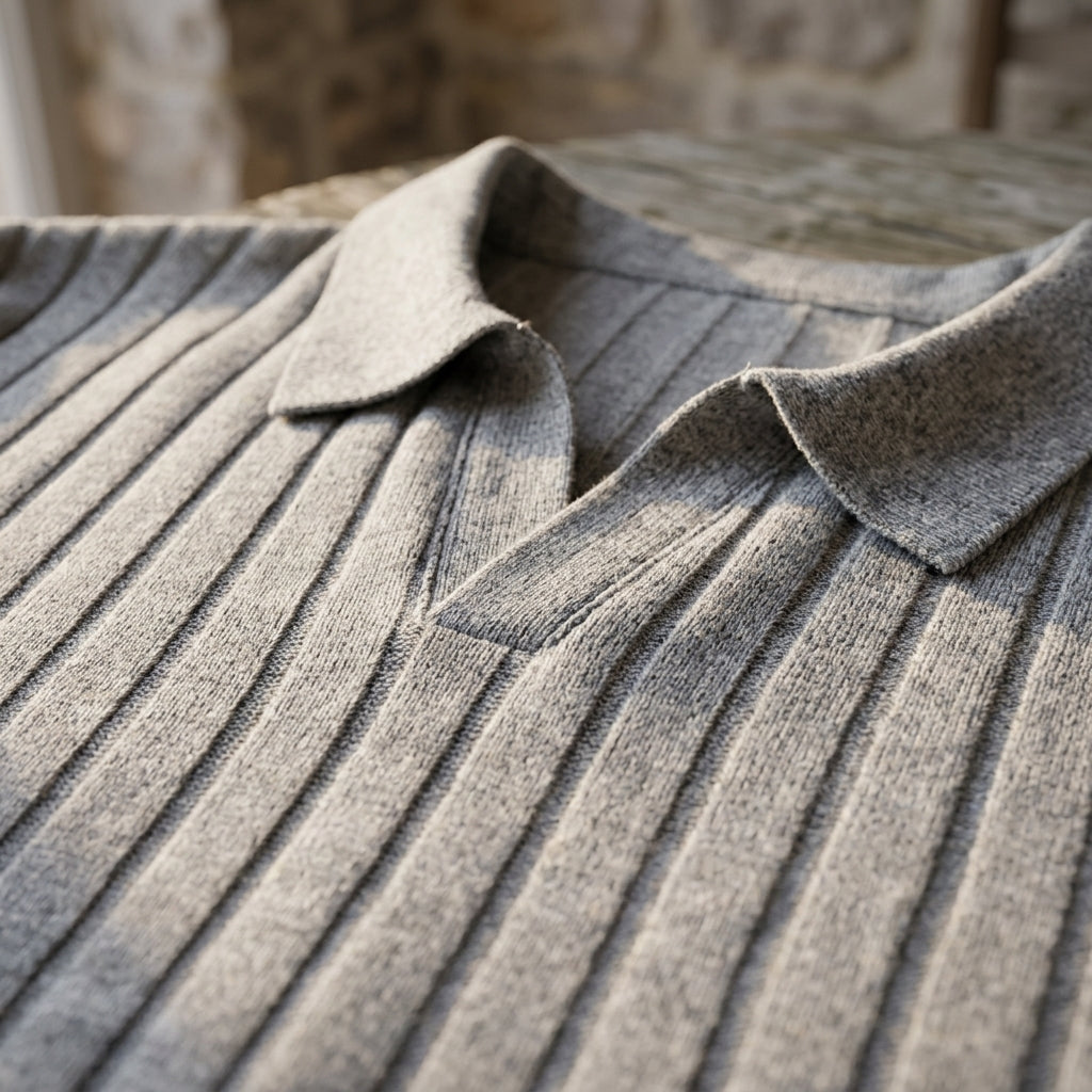 Gray Ribbed Knit Polo open collar detail