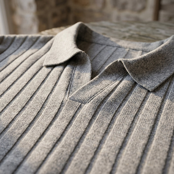 Gray Ribbed Knit Polo open collar detail