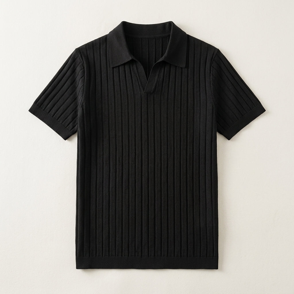 Black Ribbed Knit Polo flat lay front view