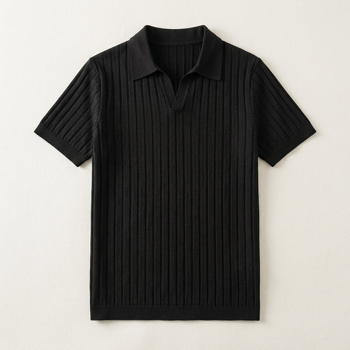 Black Ribbed Knit Polo flat lay front view