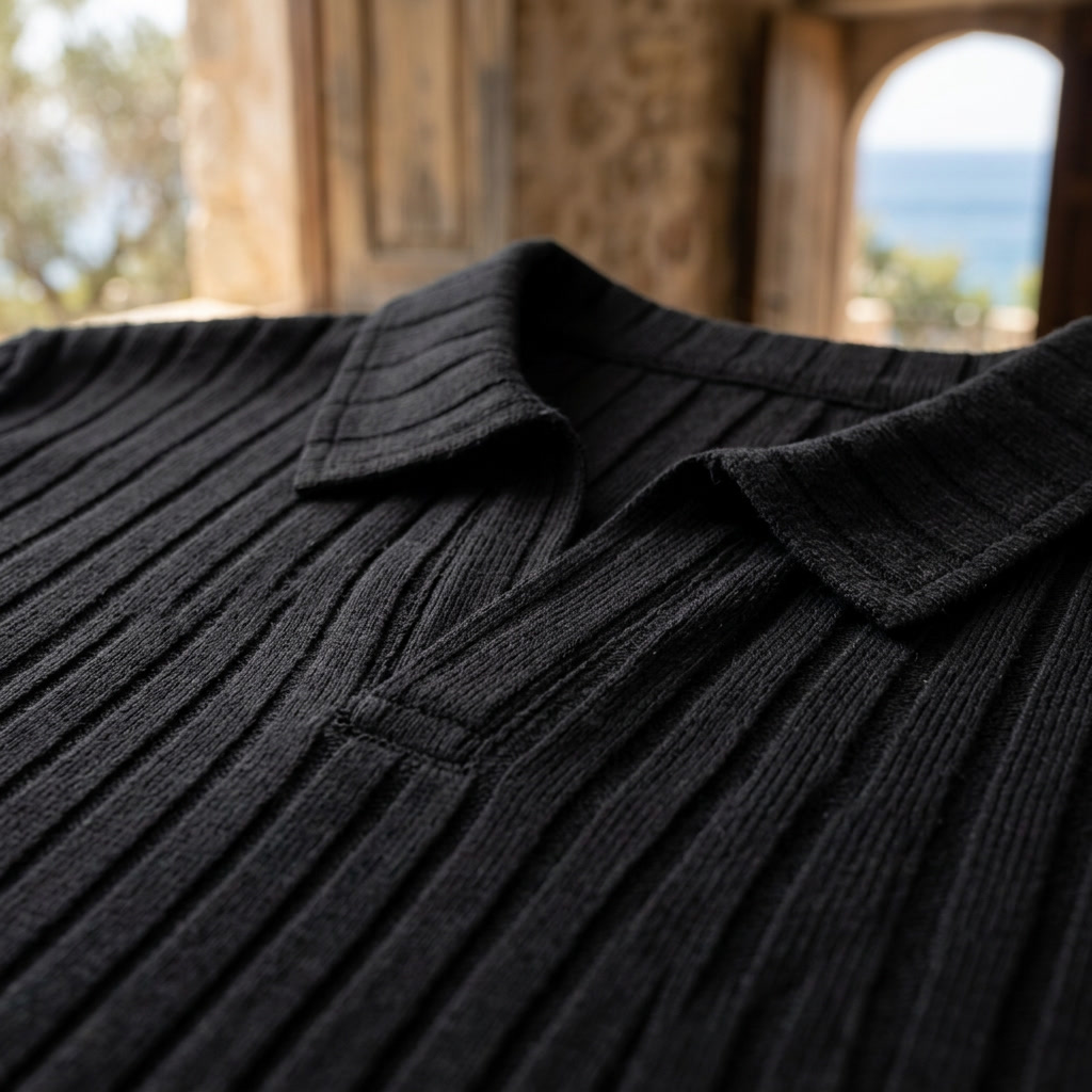 Black Ribbed Knit Polo open collar detail