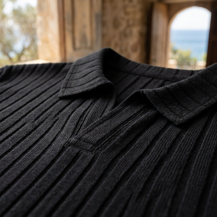 Black Ribbed Knit Polo open collar detail