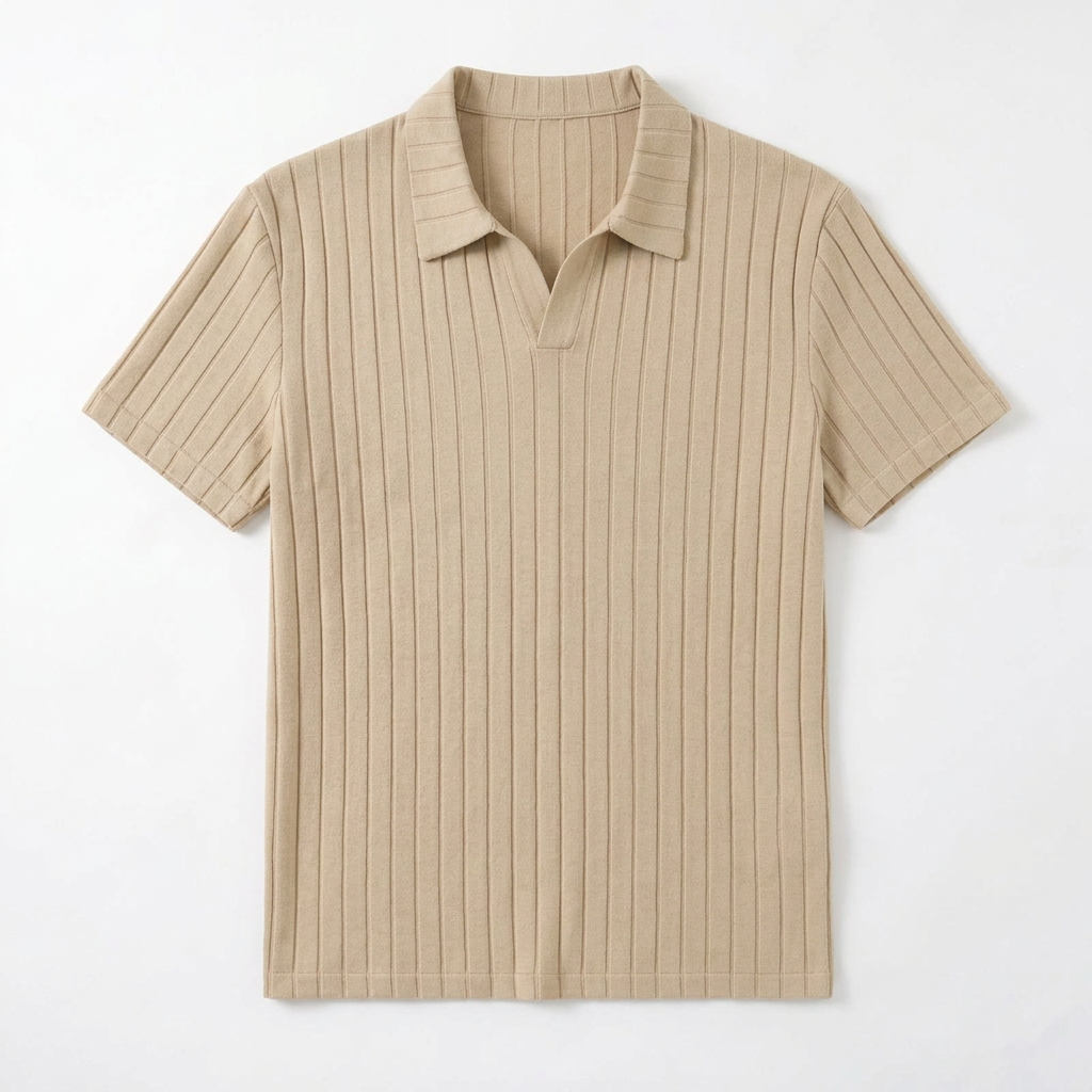Beige Ribbed Knit Polo flat lay front view