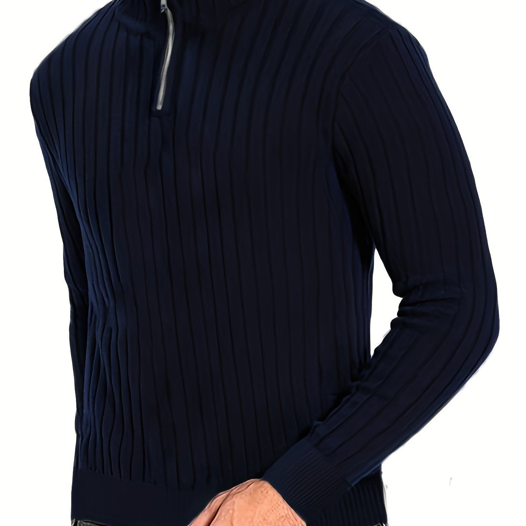 Navy Blue Ribbed Half-Zip Sweater front view