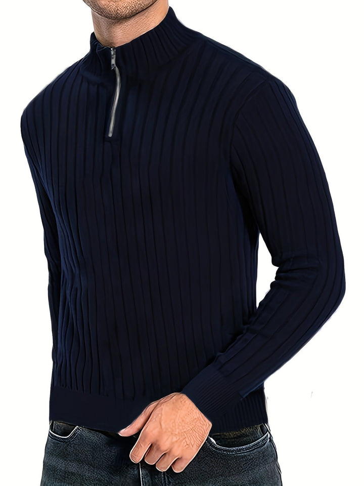Navy Blue Ribbed Half-Zip Sweater front view on model