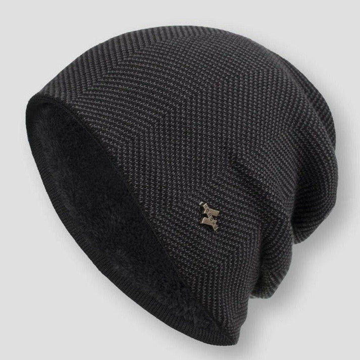 Ribbed-knit wool beanie side view