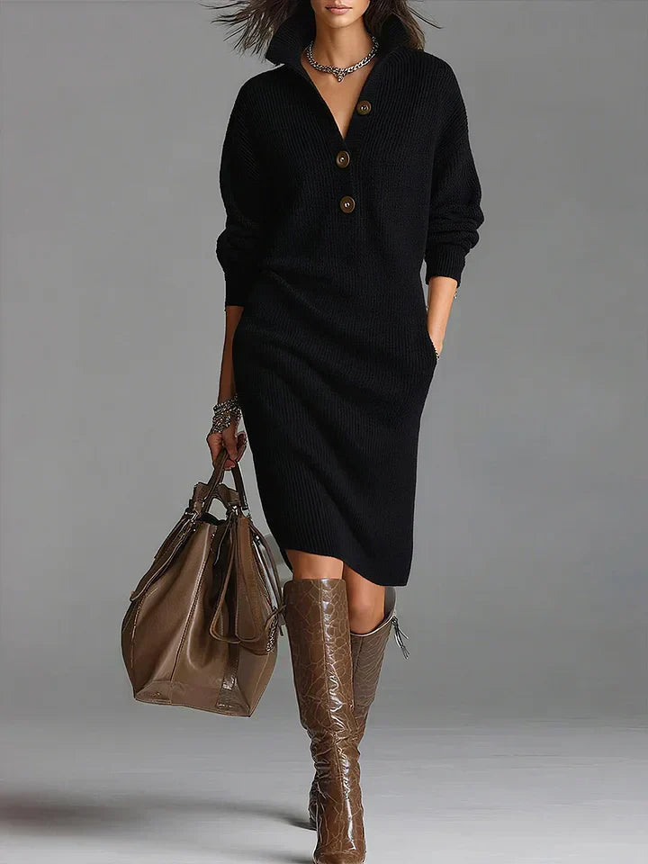Black Ribbed Midi Sweater Dress worn front view