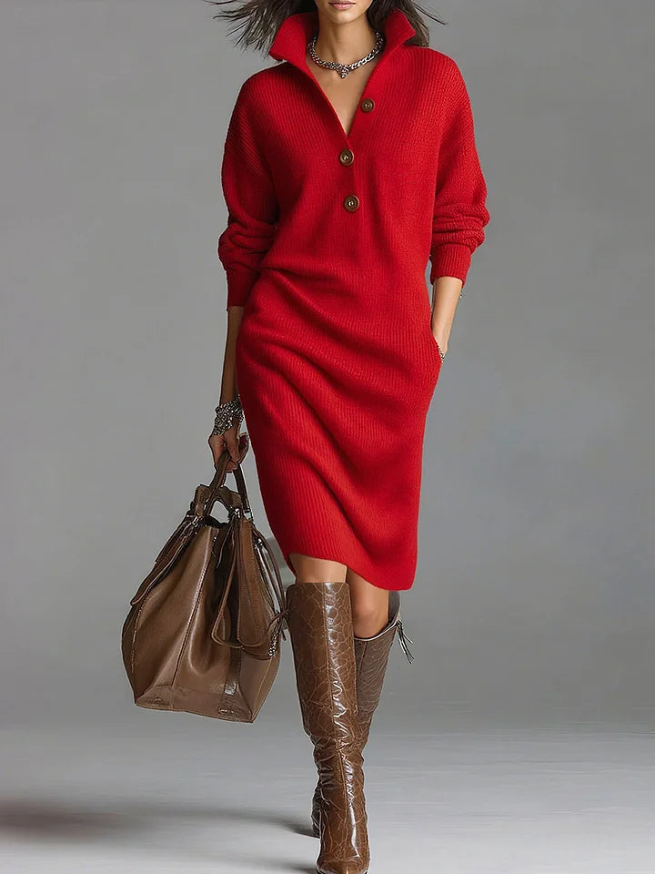 Red Ribbed Midi Sweater Dress worn front view