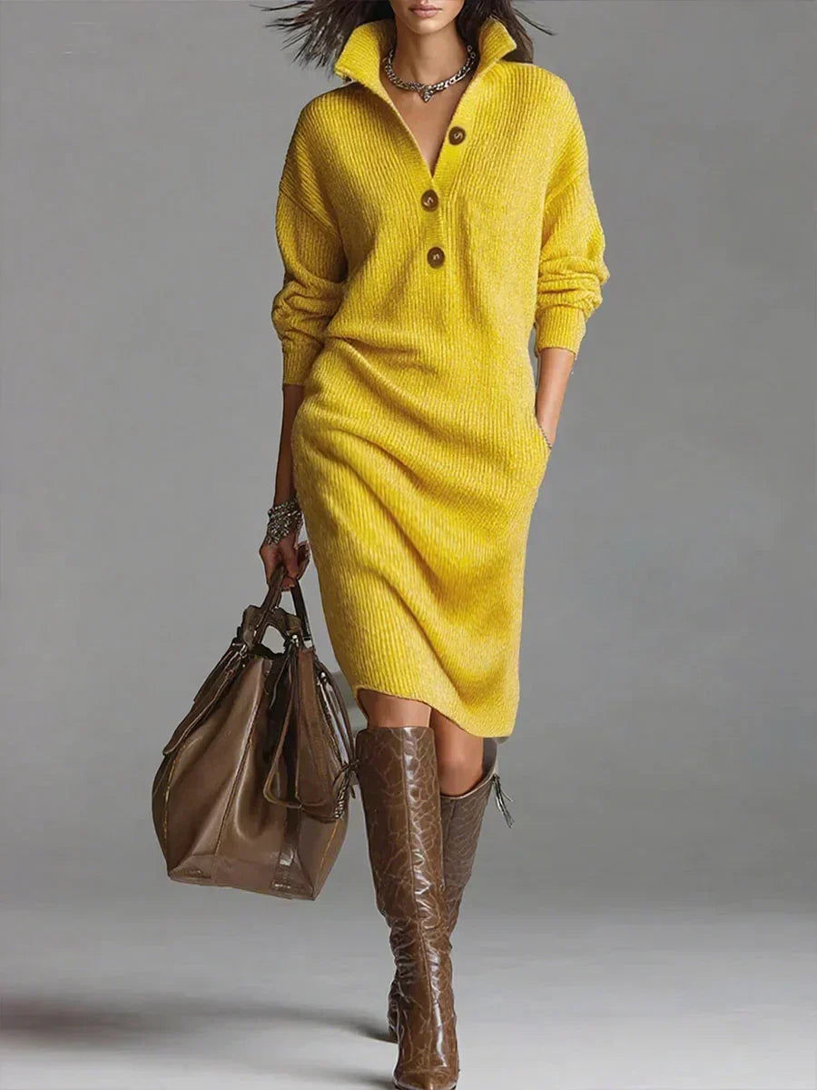 Yellow Ribbed Midi Sweater Dress worn front view