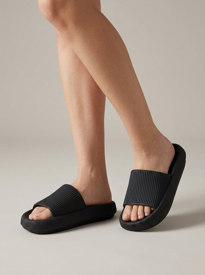 Ribbed Platform Slides worn on model