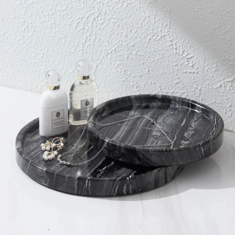 Round Black Marble Jewelry Tray with jewelry lifestyle
