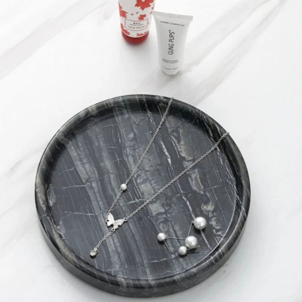 Round Black Marble Jewelry Tray top view lifestyle