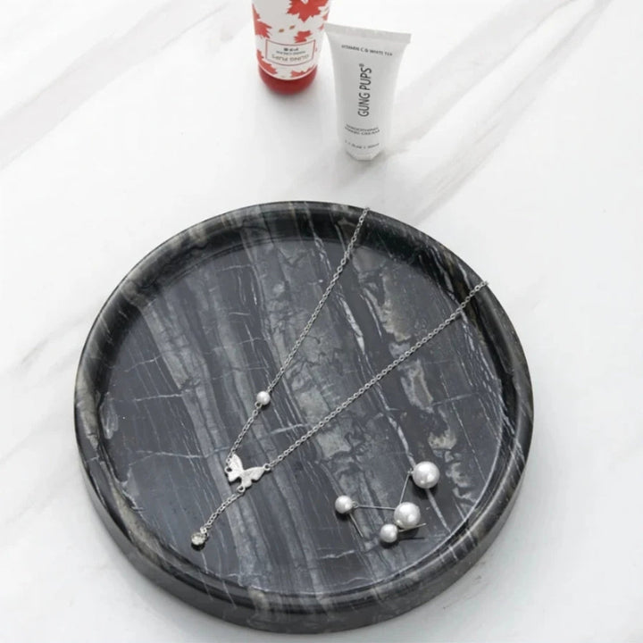 Round Black Marble Jewelry Tray top view lifestyle