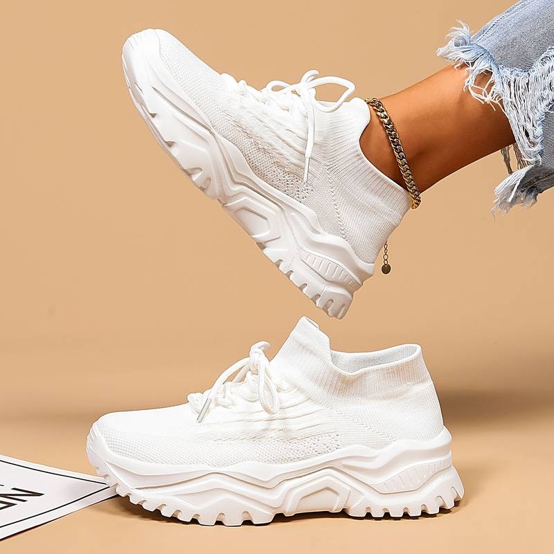 White Running-Style Platform Sneakers on-foot side view