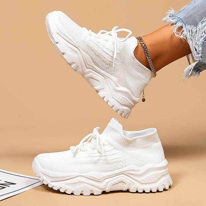 White Running-Style Platform Sneakers on-foot side view