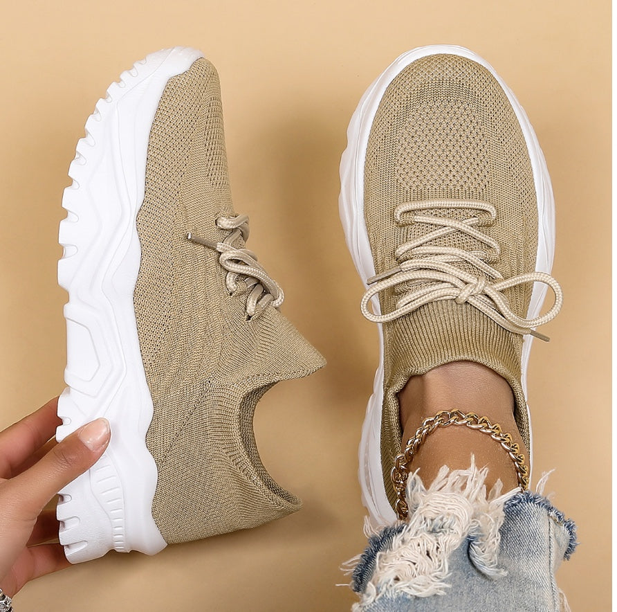Beige Running-Style Platform Sneakers pair view