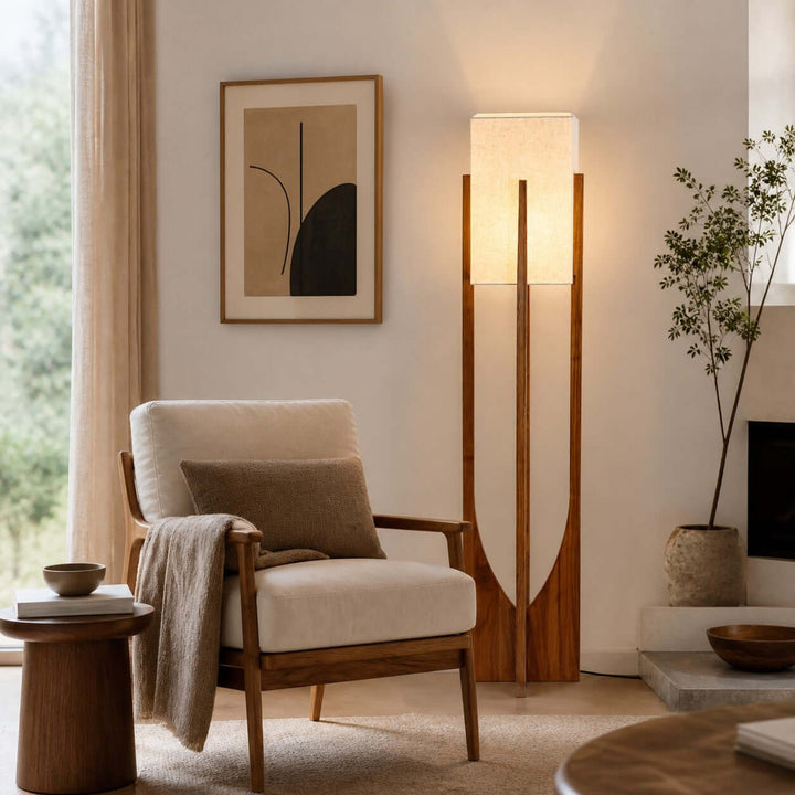 Dark Wood Sculptural Frame Floor Lamp