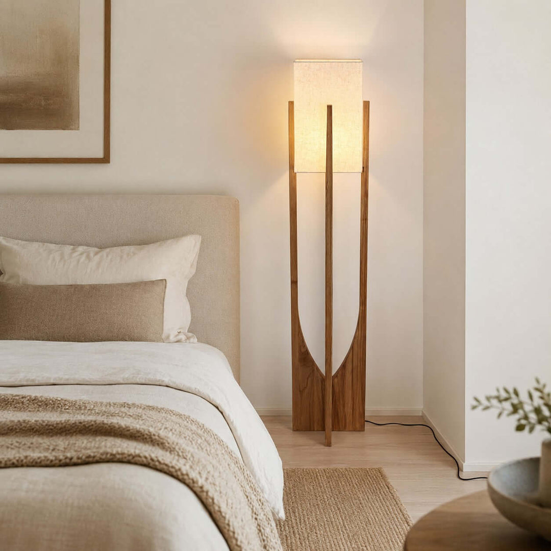 Sculptural Wood Frame Floor Lamp illuminated