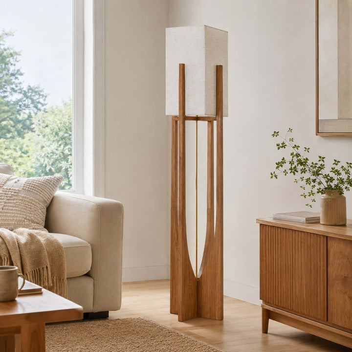 Sculptural Wood Frame Floor Lamp in living room
