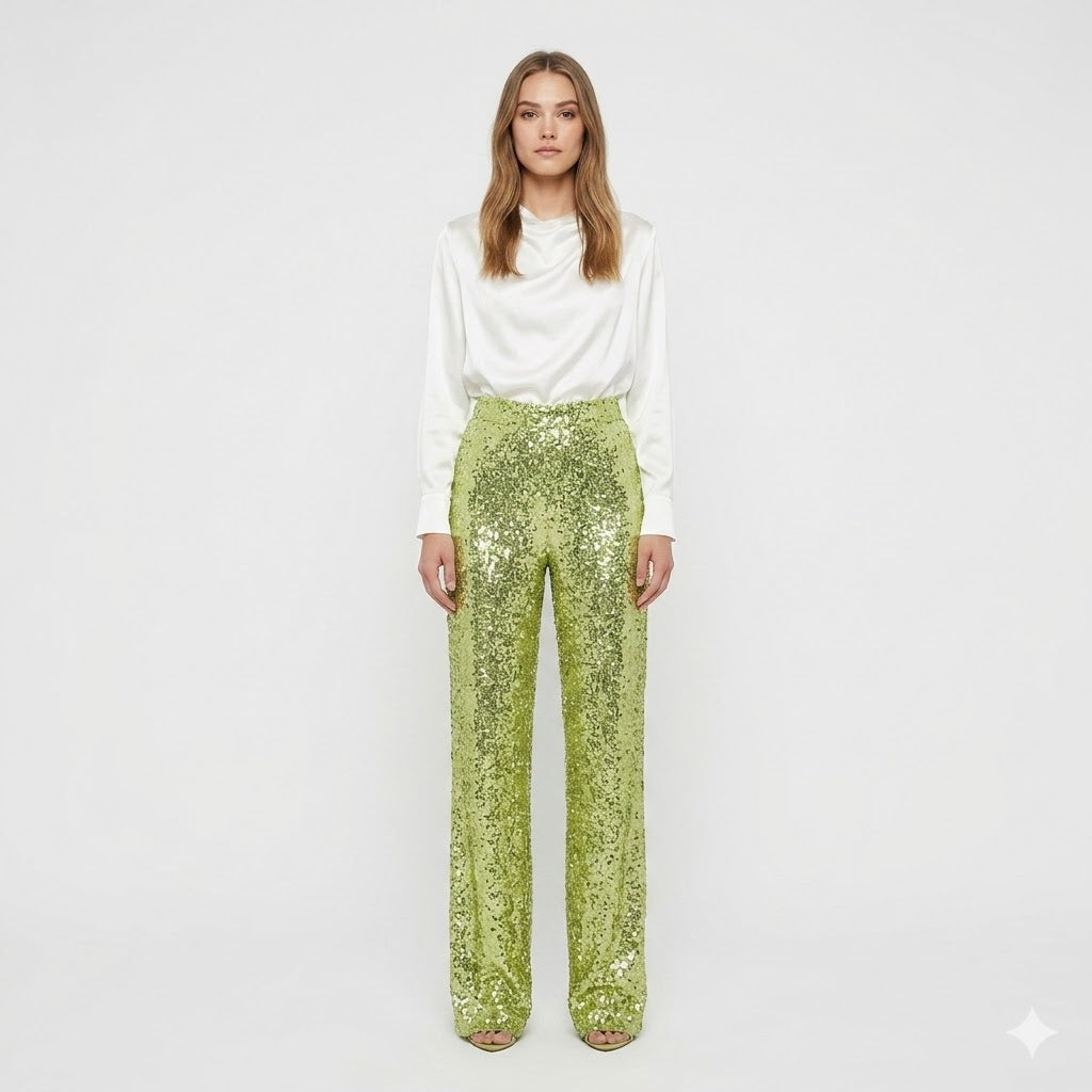Green Yellow Sequin Straight-Leg Pants front view