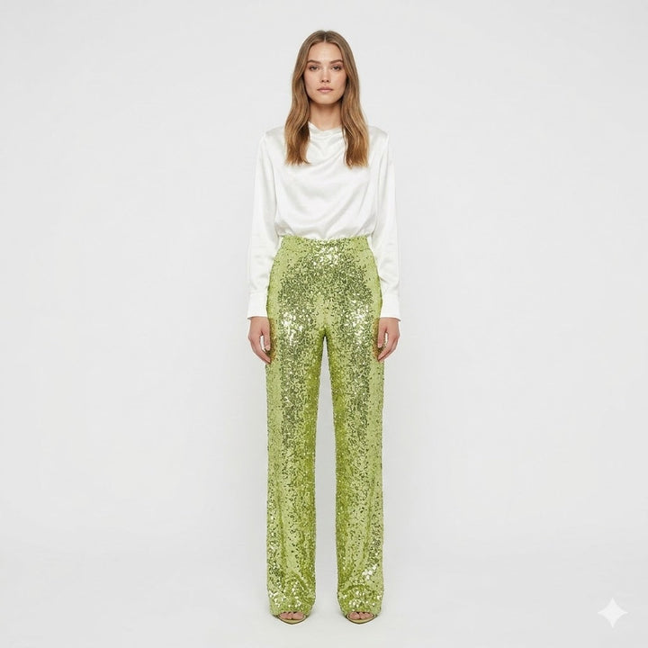 Green Yellow Sequin Straight-Leg Pants front view