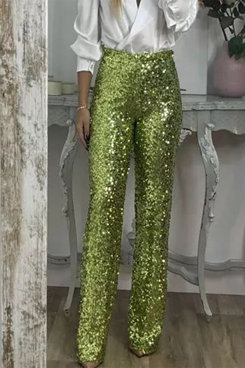 Green Yellow Sequin Straight-Leg Pants on-model front view