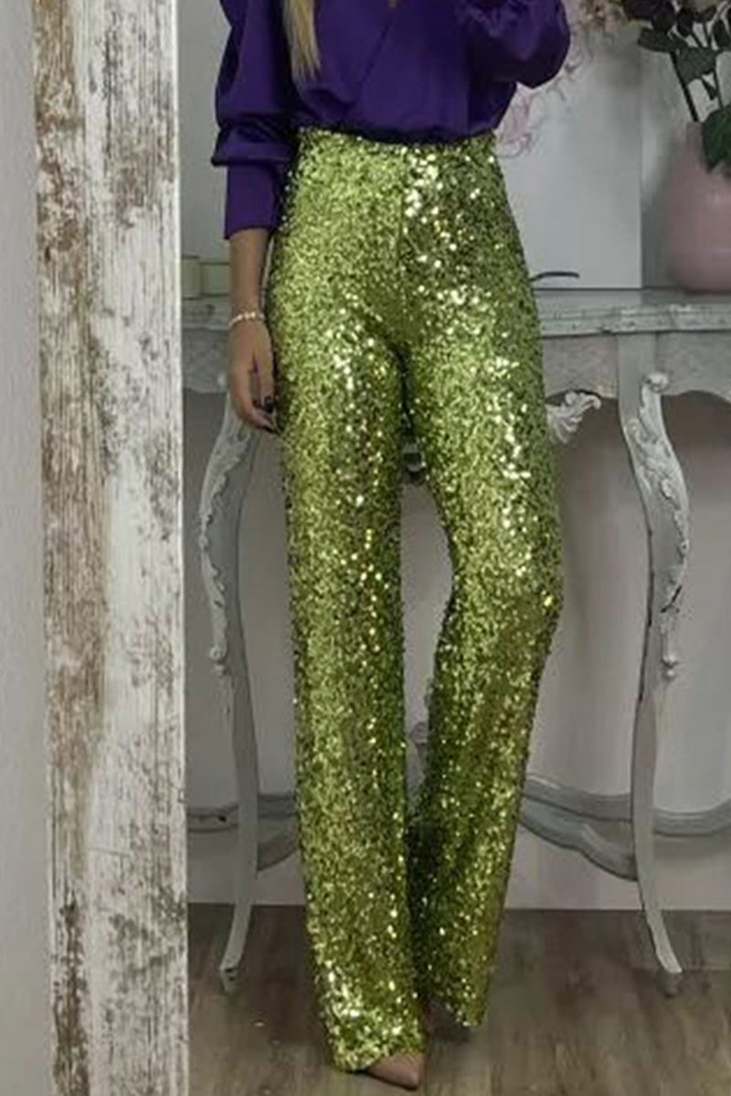 Green Yellow Sequin Straight-Leg Pants on-model view